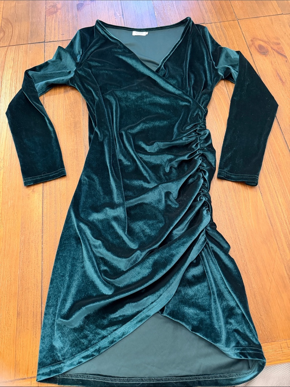 Elegant Dark Green Velvet Ruched Wrap Dress